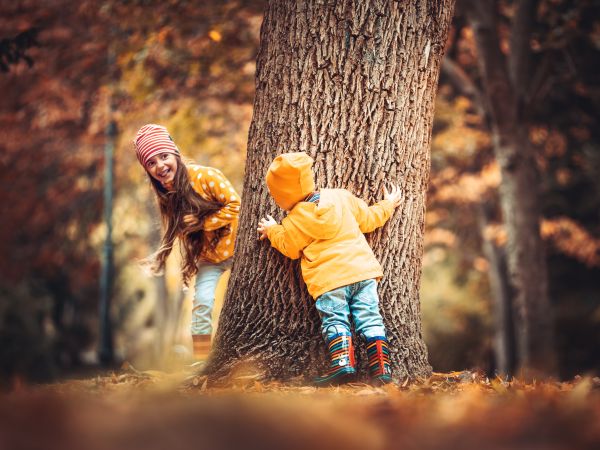 Børn der leger i en skov om efteråret